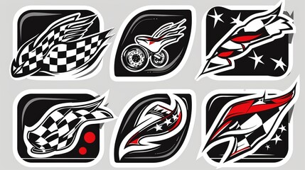 This image presents a collection of six abstract racing-themed stickers, showcasing dynamic designs and vibrant colors capturing the essence of speed and movement.
