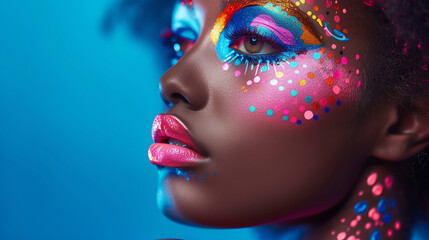 Closeup of model with bright color eyeshadow design on solid color background. 
