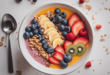 Smoothie bowl with fresh fruits and granola in a ceramic bowl in a high-end health cafe

