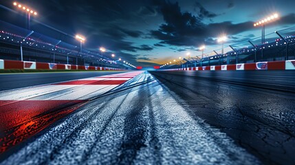 Fototapeta premium This wide-angle image beautifully captures the look of an illuminated racetrack at twilight, highlighting the track's texture and the atmospheric lighting as day transitions to night.