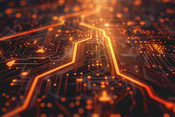 Obraz premium A computer circuit board, with some arrows pointing forward and up, rising, tech background.