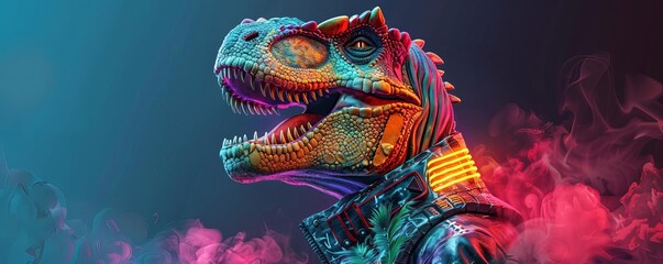 Tyrannosaurus Rex Dinosaur wearing a futuristic cyber punk leather jacket with neon accents