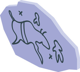 Stone with ancient drawings depicting hunting scene with animals, history and archeology isometric icon