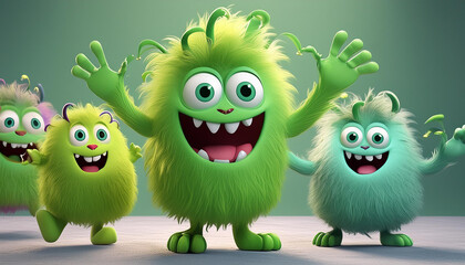 Fototapeta premium Green furry and cute monsters dancing and waving 3D render character cartoon style, Generative Ai