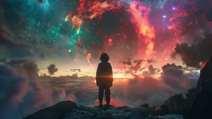 Fototapeta premium A young child stands atop a rock, gazing in awe at a spectacular and surreal cosmic event unfolding in the sky, filled with colorful lights and celestial phenomena.