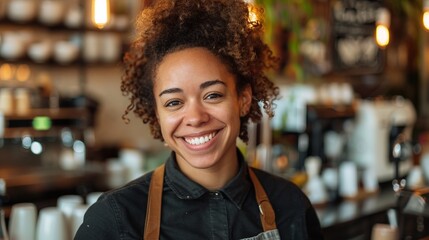 A cheerful barista with a welcoming smile stands in a charming cafe, filled with items and warm lighting, creating an inviting and delightful ambiance for customers.