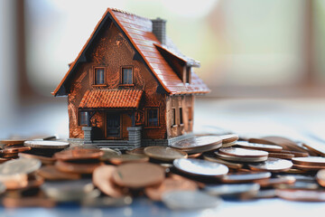 A small house resting on a pile of coins. on the table inside the house white background.