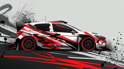 Obraz premium A sporty car decorated with abstract red, white, and black patterns is showcased in a dynamic and energetic design, emphasizing motion and speed.