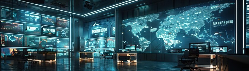 Panoramic scene of world news broadcast in a dystopian future