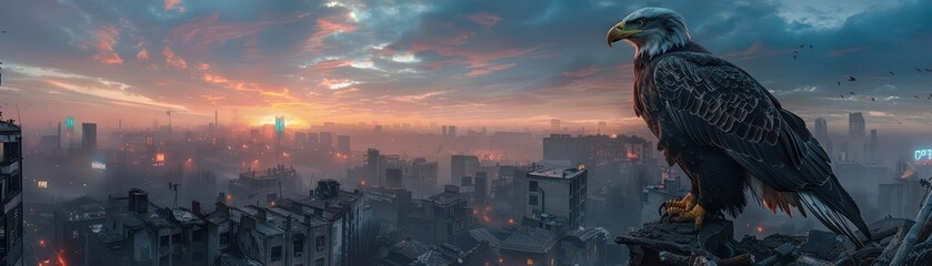 Fototapeta premium Side view of an eagle navigating a dystopian urban landscape