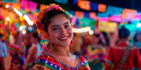 Mujer joven y sonriente con trajes tradicionales. Festejos de fiestas patrias, Independencia o 5 de mayo