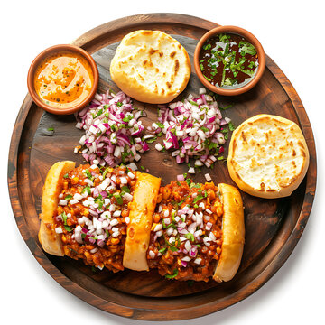 Board and plate of tasty Dabeli with on white background.