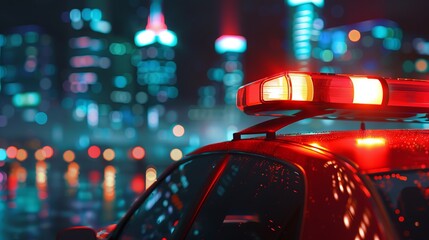 A city police car with red and blue lights flashing parked in the middle of a busy urban street during night time, with a blurred view of city lights in the background.