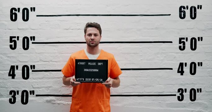 Man, criminal and suspect with sign for arrest, mugshot or violation in prison for questioning. Portrait of male person or thief with orange clothing, billboard or number for jail photo or picture