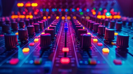 Obraz premium A mixing console with colorful lights and knobs, emphasizing the complexity of audio mixing