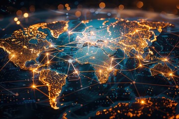 Fototapeta premium Golden digital world map with blue network connectivity lines on a slick and glossy futuristic background , conectivity.
