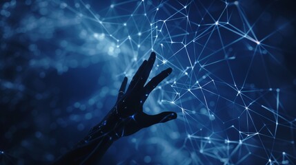 Human and robotic hands reaching across glowing data streams in intricate digital network connection