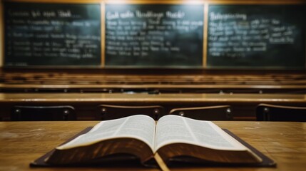 Minimalist open book in conference hall setting, symbolizing education at professional events