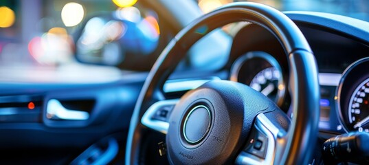 Sleek black leather steering wheel with silver gear shift paddle and chrome lever on white dashboard