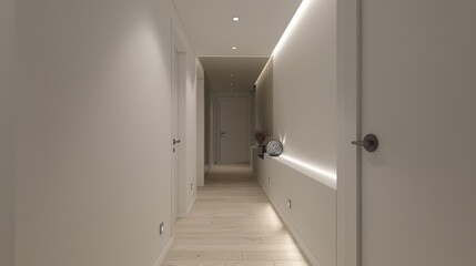 Fototapeta premium A stylish and minimalist hallway in a modern white house, with clean walls, subtle lighting, and minimalistic decor creating an inviting entrance