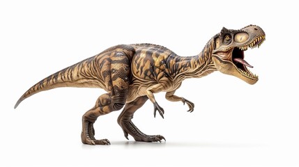 Obraz premium A highly detailed, realistic model of a dinosaur, specifically a T. rex, portrayed in a dynamic pose against a plain white background, showcasing prehistoric reptilian features and textures.