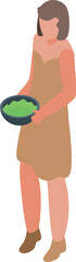 Young woman in casual clothing holding a bowl filled with a green substance