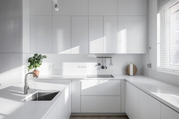 Fototapeta premium Modern minimal white kitchen with white cabinets and countertops, highlighted by natural light.