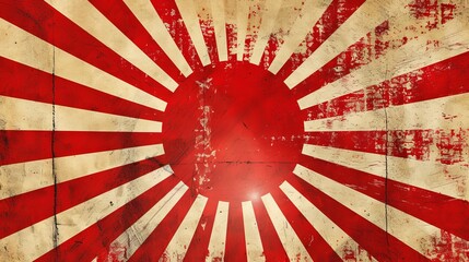 This image depicts a sunburst design with a central red sun amidst radial rays, showcasing a worn, historical style reflecting abstract artistic expressions and cultural elements.