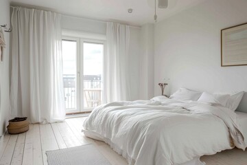 Fototapeta premium Bright white bedroom with minimal decor and a cozy feel