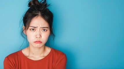 A young woman with a pouty expression and a messy bun hairstyle stands against a plain blue background, wearing a casual red top, conveying a sense of displeasure.