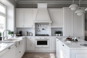 Minimalist white kitchen with cozy touches and elegant fixtures