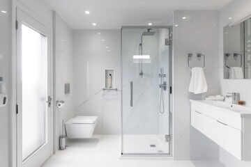Clean lines in a white bathroom with a seamless glass shower and modern fixtures
