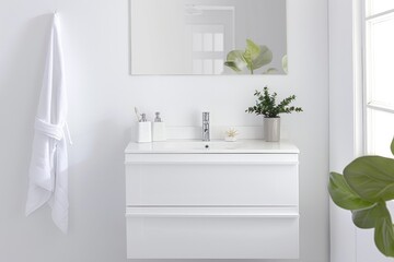 Fototapeta premium Minimal white bathroom with a sleek vanity and understated decor