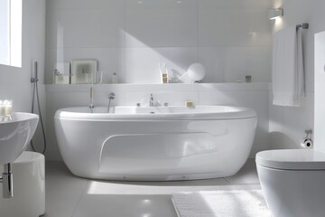 Fototapeta premium Spacious and elegant white bathroom with modern fixtures
