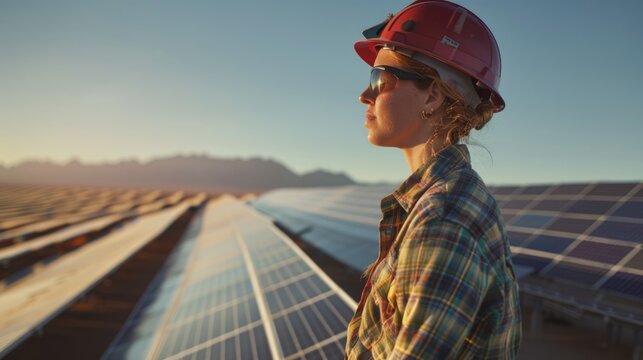 A focused engineer conducts performance assessments of solar arrays in a desert setting, their expertise pivotal for maximizing the efficiency of the solar farm against the backdrop of sandy dunes