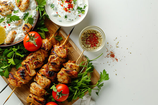 Board and plate of tasty Fara with on white background.