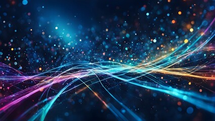 A colorful, swirling line of light is projected onto a dark background