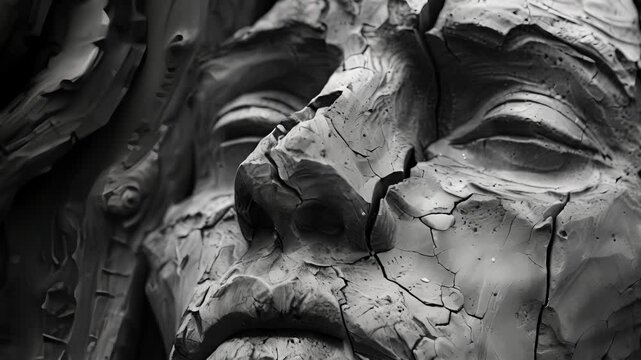 The intricate details of a stone sculptures face each crease and line telling a unique story. Black and white art