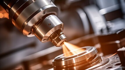 Cnc lathe tool spinning at high speed with glowing cutting edge sharply focused for precision