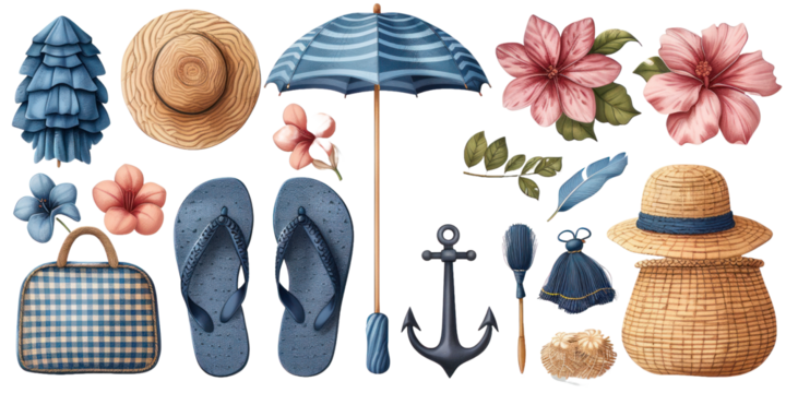 Summer holiday collection set isolated on a transparent background for web banner, wallpaper