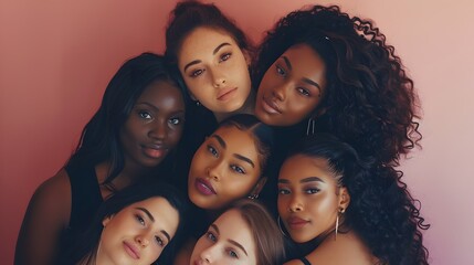 Obraz premium Group of women with different body and ethnicity posing together to show the woman power and strength. Curvy and skinny kind of female body concept. 