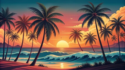 A stylized minimalist illustration of Surf City El Salvador's tropical landscape with palm trees, waves, and sunset hues ideal for retro designs.