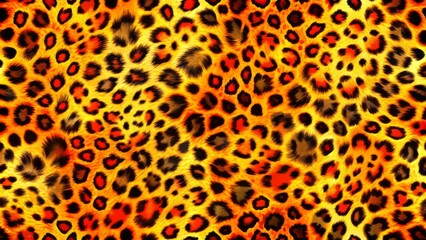 Vibrant abstract leopard print backdrop featuring bright orange, yellow, and black spots on a seamless, repeating patterned surface.