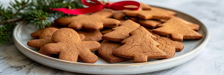 Assorted gingerbread cookies on plate, minimalist presentation with red ribbon for festive treats