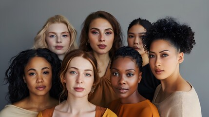 Obraz premium Group of women with different body and ethnicity posing together to show the woman power and strength. Curvy and skinny kind of female body concept. 
