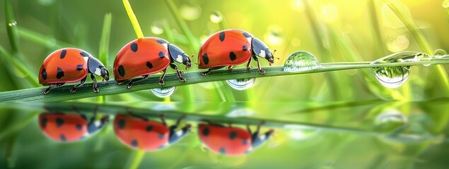 Fresh morning dew and ladybirds. nature background.