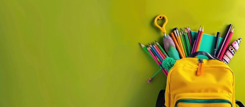 Back to school concept with backpack and stationery on green background.