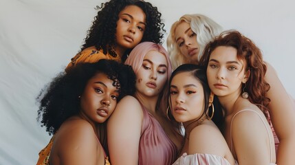 Fototapeta premium Group of women with different body and ethnicity posing together to show the woman power and strength. Curvy and skinny kind of female body concept. 
