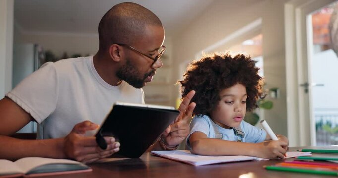 Father, child and teaching for home education, online learning or math support on tablet. Parent, son and dad helping with thumbs up for boy answer or writing of school homework or digital test