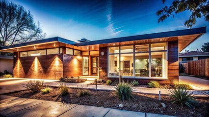 Stunning exterior of a retro 1950s style single-story home with large windows, wooden accents, and sleek geometric lines.